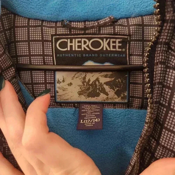 Unisex L 12/14 Cherokee Puffer Outerwear Jacket Hooded Blue Grey Plaid #I252 - Picture 2 of 3